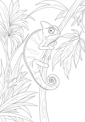 A playful scene of a chameleon clinging to a branch with wild, swirling leaves in the background