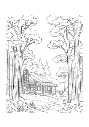 A cozy log cabin nestled in a forest clearing with tall trees and a stone chimney, surrounded by nature and wildlife