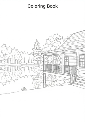 A rustic log cabin with a wrap-around porch, set beside a tranquil lake with trees reflected in the water