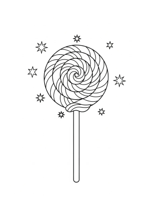 A whimsical lollipop standing upright with swirling patterns and decorative stars surrounding it