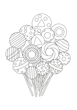 A playful scene featuring multiple assorted lollipops with different shapes, stripes, and polka dots arranged in a fun display