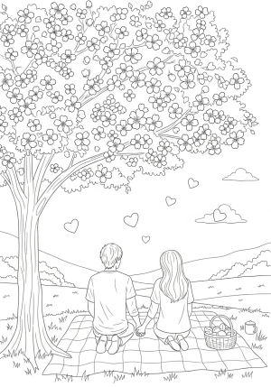 A romantic picnic scene with a couple holding hands under a blooming cherry blossom tree, surrounded by hearts and gentle scenery
