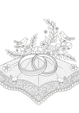 An elegant scene of two intertwined wedding rings resting on a delicate lace cloth, adorned with tiny lovebirds and floral accents