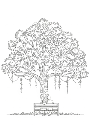 A serene depiction of a couple sitting together on a park bench beneath a large, blooming tree with intricate leaves and vines.