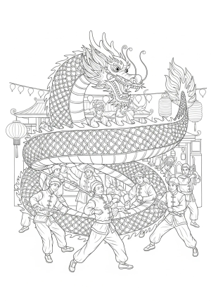 A detailed illustration of a traditional dragon dance with dancers in vibrant costumes swirling around a festive setting