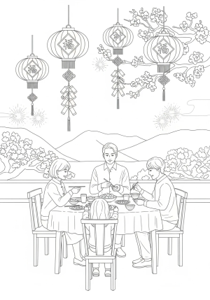 A serene scene of a family gathering around a table with lunar New Year decorations, lanterns, and firecrackers in the background