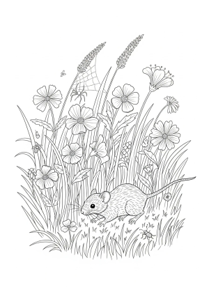 An intricate scene featuring a mouse exploring a field of tall grass with flowers and tiny creatures around.