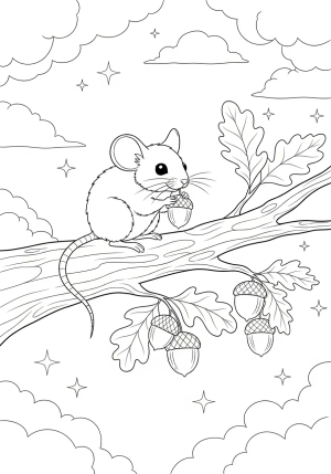 A playful mouse sitting on a chunky tree branch, surrounded by dangling leaves and acorns, with a whimsical background of clouds and stars.