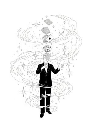 A magician performing a breathtaking card trick with a deck of cards floating in mid-air, surrounded by sparkling stars and smoke effects.