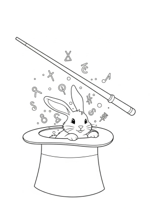 A whimsical scene of a magician's hat from which a rabbit is emerging, with swirling magical symbols and a wand laid across the hat.