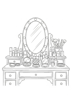A detailed illustration of a glamorous makeup vanity with various brushes, lipsticks, and compact powders arranged elegantly