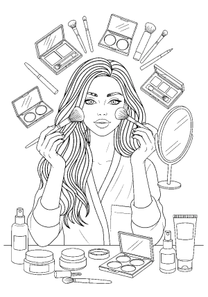 A stylish woman with flowing hair applying makeup with brushes and mirrors, surrounded by beauty accessories and skincare bottles