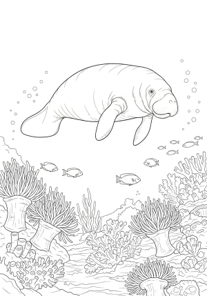 A gentle manatee swimming gracefully near a coral reef with sea anemones and small fish around it