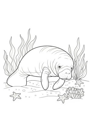 A baby manatee resting on a sandy ocean floor surrounded by seaweed and starfish