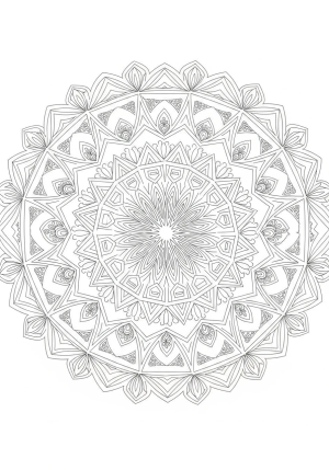 A symmetrical mandala design featuring intricate floral patterns radiating from a central point with detailed geometric shapes