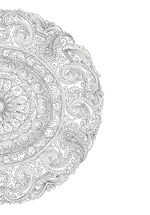 An elaborate mandala consisting of swirling lines, concentric circles, and ornate paisley motifs arranged harmoniously in a circular pattern