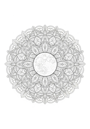 Symmetrical mandala design featuring a full moon at the center, adorned with ornate lines, floral motifs, and abstract patterns extending outward