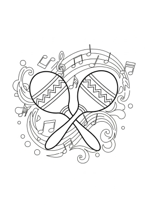 A lively scene featuring two maracas crossed over each other with musical notes and swirling abstract designs in the background.