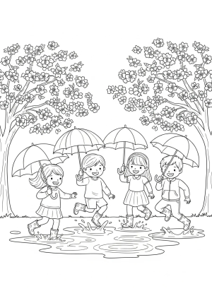 A lively scene of children wearing rain boots and holding umbrellas, hopping in a puddle under blooming trees.