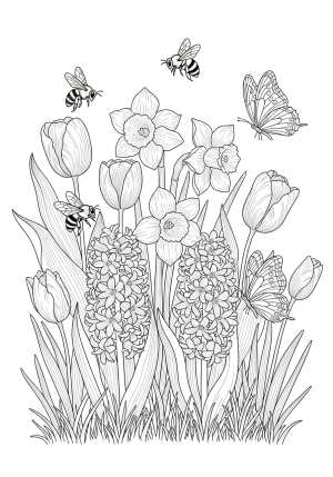 A detailed illustration of a spring garden with blooming flowers, buzzing bees, and fluttering butterflies.