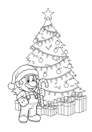 Mario wearing a Santa hat and holding a candy cane while standing next to a decorated Christmas tree with presents around him