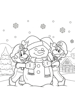Mario and Luigi building a snowman wearing Santa hats, with snowflakes falling and a festive holiday background