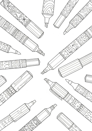 A collection of various markers with detailed patterns and textures on their caps and bodies, arranged in a creative and dynamic layout