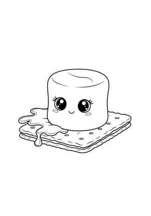 A cute, fluffy marshmallow character with big expressive eyes sitting on a graham cracker surface with a drizzling of chocolate nearby