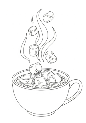 A whimsical scene of several marshmallows of different shapes and sizes floating in a bubbly hot chocolate cup with steam rising above