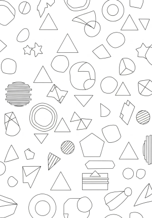 A playful scene featuring various geometrical shapes such as circles, triangles, squares, and pentagons arranged in a whimsical pattern