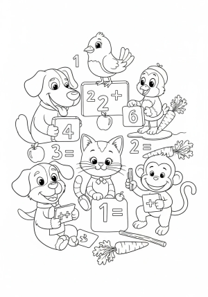 An imaginative illustration of a group of smiling animals engaging in math activities like counting and adding with numbers and objects