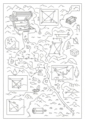 An engaging scene featuring a treasure hunt map with various shapes, measurements, and geometric elements suitable for 5th grade math learning