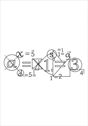 A detailed illustration of a complex algebraic equation with geometric shapes integrated into the design, suitable for middle school students