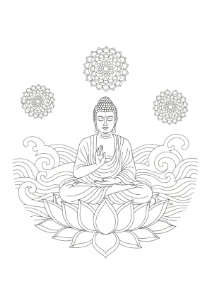 A serene Buddha sitting cross-legged on a peaceful lotus flower surrounded by gentle waves and delicate mandala patterns.
