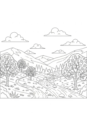A tranquil mountain landscape with a winding path, blooming trees, and a flowing river under a calm sky filled with soft clouds.