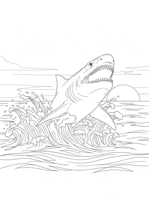 A fierce megalodon emerging from the water’s surface with waves splashing around it and a distant sunset in the background