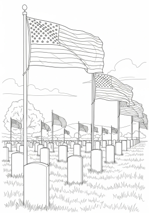 A peaceful outdoor scene featuring a row of American flags waving in the breeze in front of a veterans' cemetery.