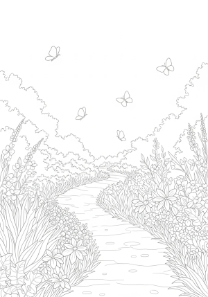 A gentle, winding pathway through a blooming garden, surrounded by various calming plants and butterflies