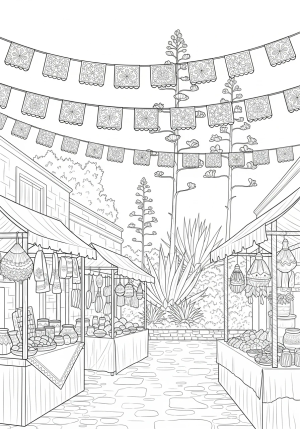Vivid scene of a Mexican marketplace with stalls, agave plants, and decorative papel picado banners