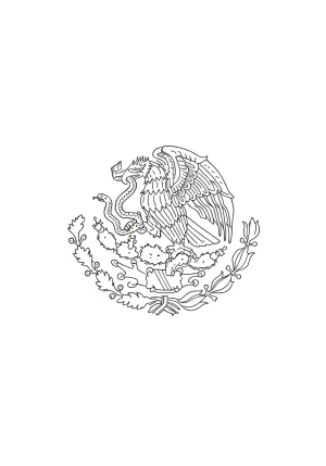 A detailed black and white illustration of the Mexico flag with the emblem featuring an eagle perched on a cactus with a snake in its beak and talons, surrounded by traditional decorative elements
