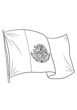 A stylized black and white drawing of the Mexico flag waving in the wind, with the central emblem prominently displayed in a clean line art style