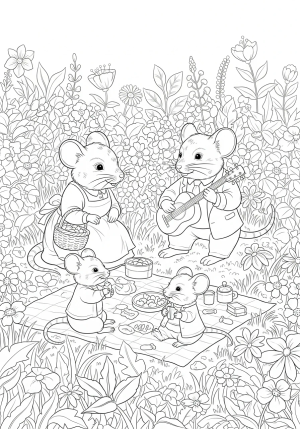 A family of mice having a picnic in a flower-filled meadow with intricate foliage and detailed mice personalities.