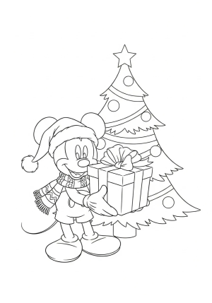 Mickey Mouse wearing a Santa hat and a festive scarf, holding a Christmas gift with a decorated Christmas tree in the background