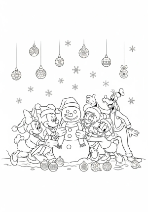 Mickey Mouse and friends building a snowman wearing Christmas hats, surrounded by holiday ornaments and snowflakes