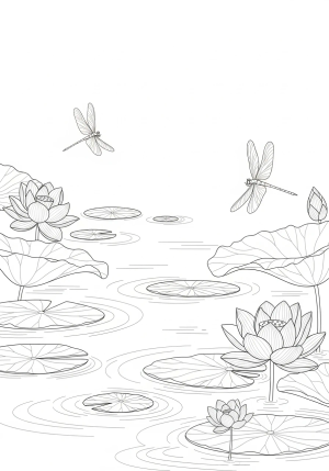 A tranquil scene of a floating lotus pond with lily pads, gentle ripples, and graceful dragonflies