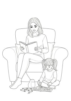 A mother relaxing on a cozy armchair, reading a book while her child sits beside her drawing with crayons