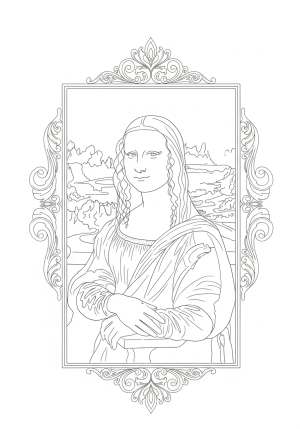 An elegant line art of the Mona Lisa seated in her iconic pose, surrounded by ornate decorative elements and a subtle background landscape.