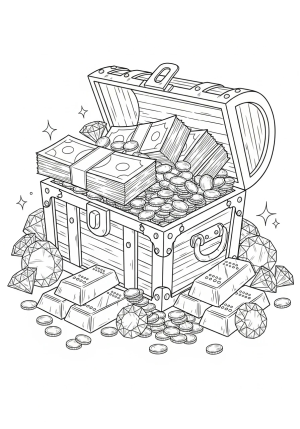 A detailed illustration of a treasure chest overflowing with coins and banknotes, surrounded by sparkling jewels and gold bars