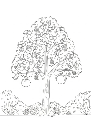 A whimsical scene of a money tree with branches laden with various coins, bills, and piggy banks, set in a lush garden environment