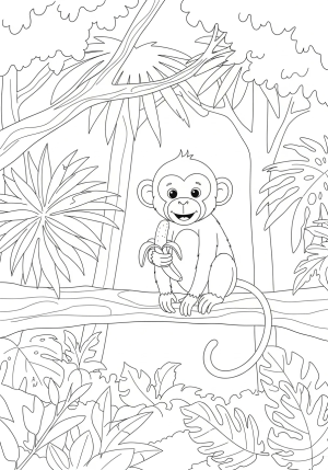 A playful monkey sitting on a tree branch holding a banana while surrounded by lush jungle foliage